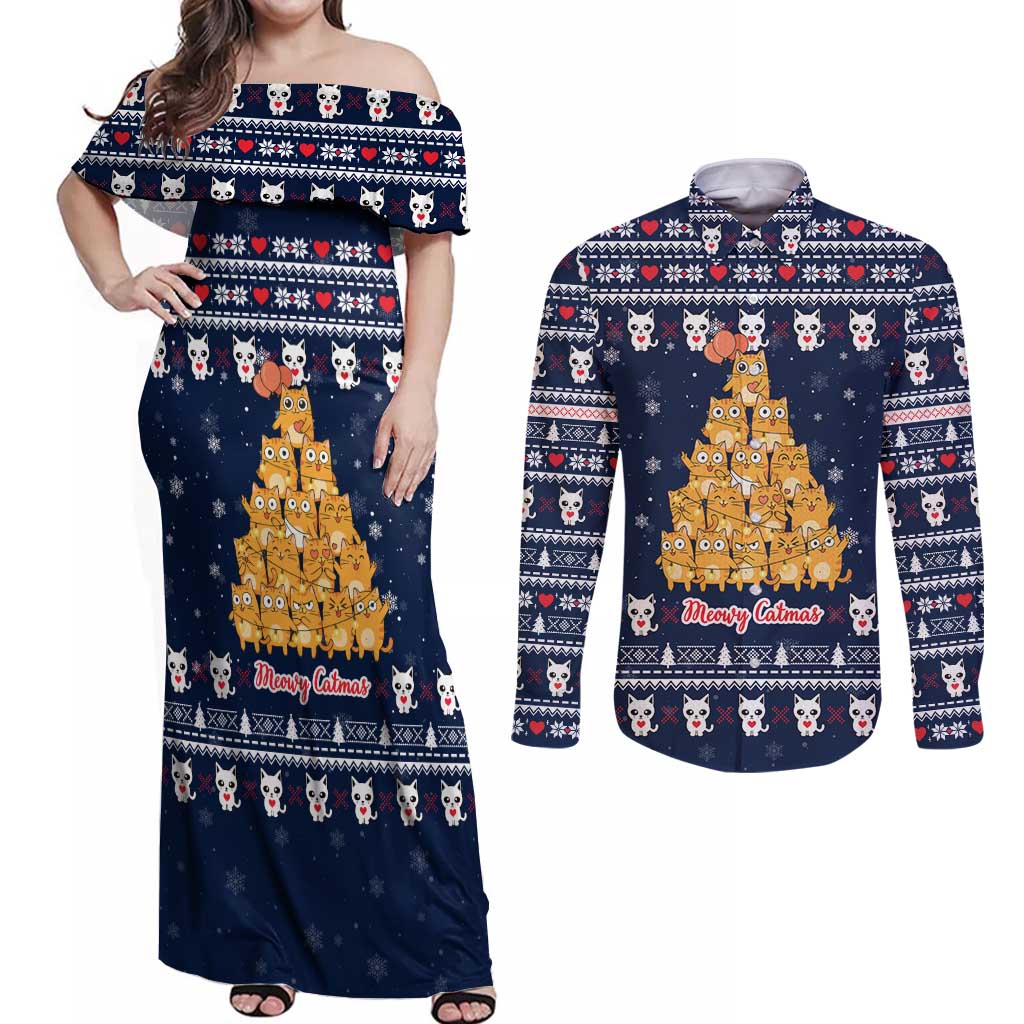 Meowy Catmas Couples Matching Off Shoulder Maxi Dress and Long Sleeve Button Shirt with Orange Cats Christmas Tree and Snowflake Pattern Design - Wonder Print Shop