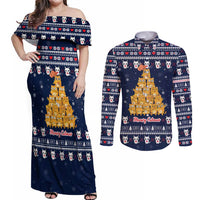 Meowy Catmas Couples Matching Off Shoulder Maxi Dress and Long Sleeve Button Shirt with Orange Cats Christmas Tree and Snowflake Pattern Design - Wonder Print Shop