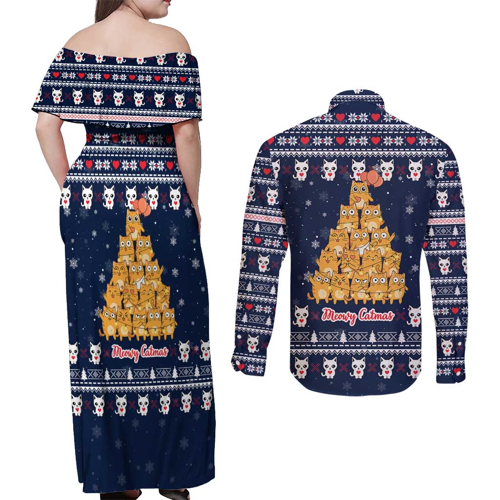 Meowy Catmas Couples Matching Off Shoulder Maxi Dress and Long Sleeve Button Shirt with Orange Cats Christmas Tree and Snowflake Pattern Design - Wonder Print Shop