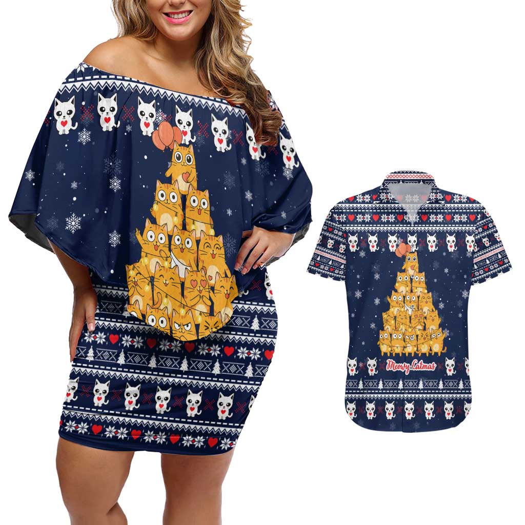 Meowy Catmas Couples Matching Off Shoulder Short Dress and Hawaiian Shirt with Orange Cats Christmas Tree and Snowflake Pattern Design - Wonder Print Shop
