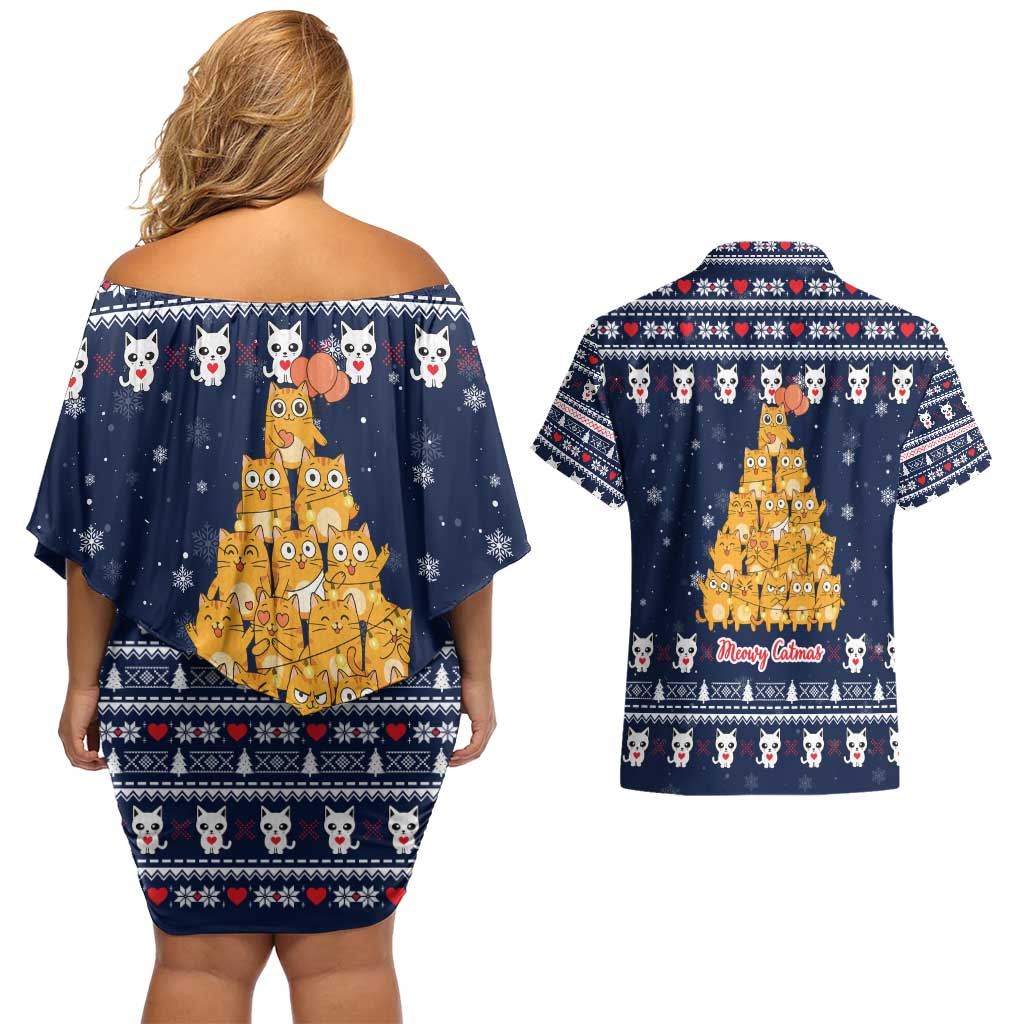 Meowy Catmas Couples Matching Off Shoulder Short Dress and Hawaiian Shirt with Orange Cats Christmas Tree and Snowflake Pattern Design - Wonder Print Shop