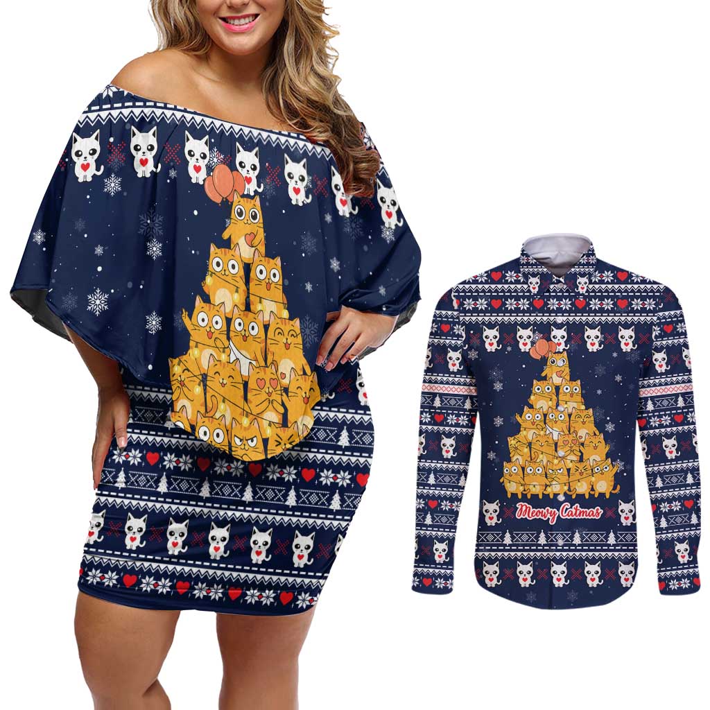 Meowy Catmas Couples Matching Off Shoulder Short Dress and Long Sleeve Button Shirt with Orange Cats Christmas Tree and Snowflake Pattern Design - Wonder Print Shop