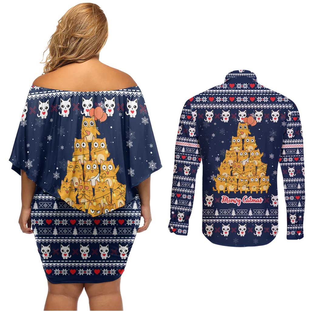 Meowy Catmas Couples Matching Off Shoulder Short Dress and Long Sleeve Button Shirt with Orange Cats Christmas Tree and Snowflake Pattern Design - Wonder Print Shop
