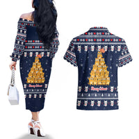 Meowy Catmas Couples Matching Off The Shoulder Long Sleeve Dress and Hawaiian Shirt with Orange Cats Christmas Tree and Snowflake Pattern Design - Wonder Print Shop