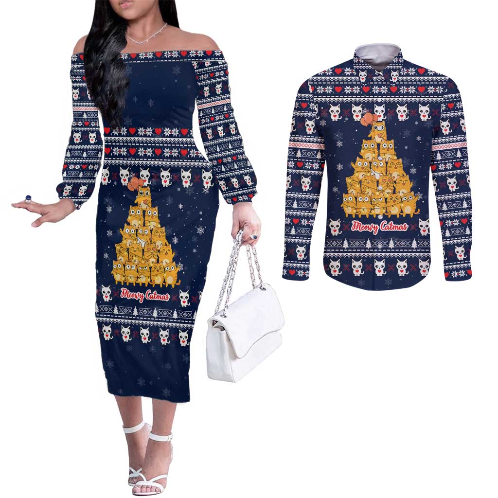 Meowy Catmas Couples Matching Off The Shoulder Long Sleeve Dress and Long Sleeve Button Shirt with Orange Cats Christmas Tree and Snowflake Pattern Design - Wonder Print Shop