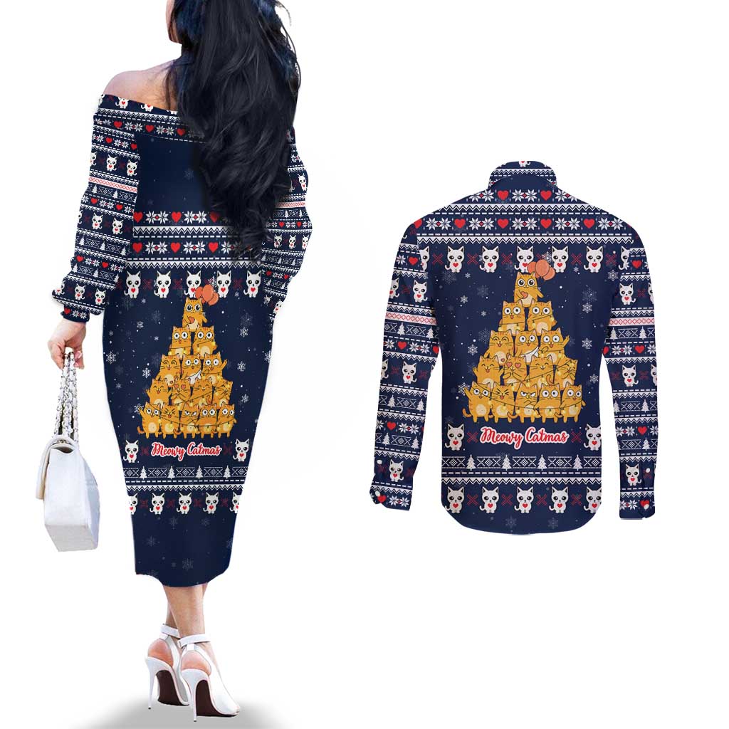 Meowy Catmas Couples Matching Off The Shoulder Long Sleeve Dress and Long Sleeve Button Shirt with Orange Cats Christmas Tree and Snowflake Pattern Design - Wonder Print Shop