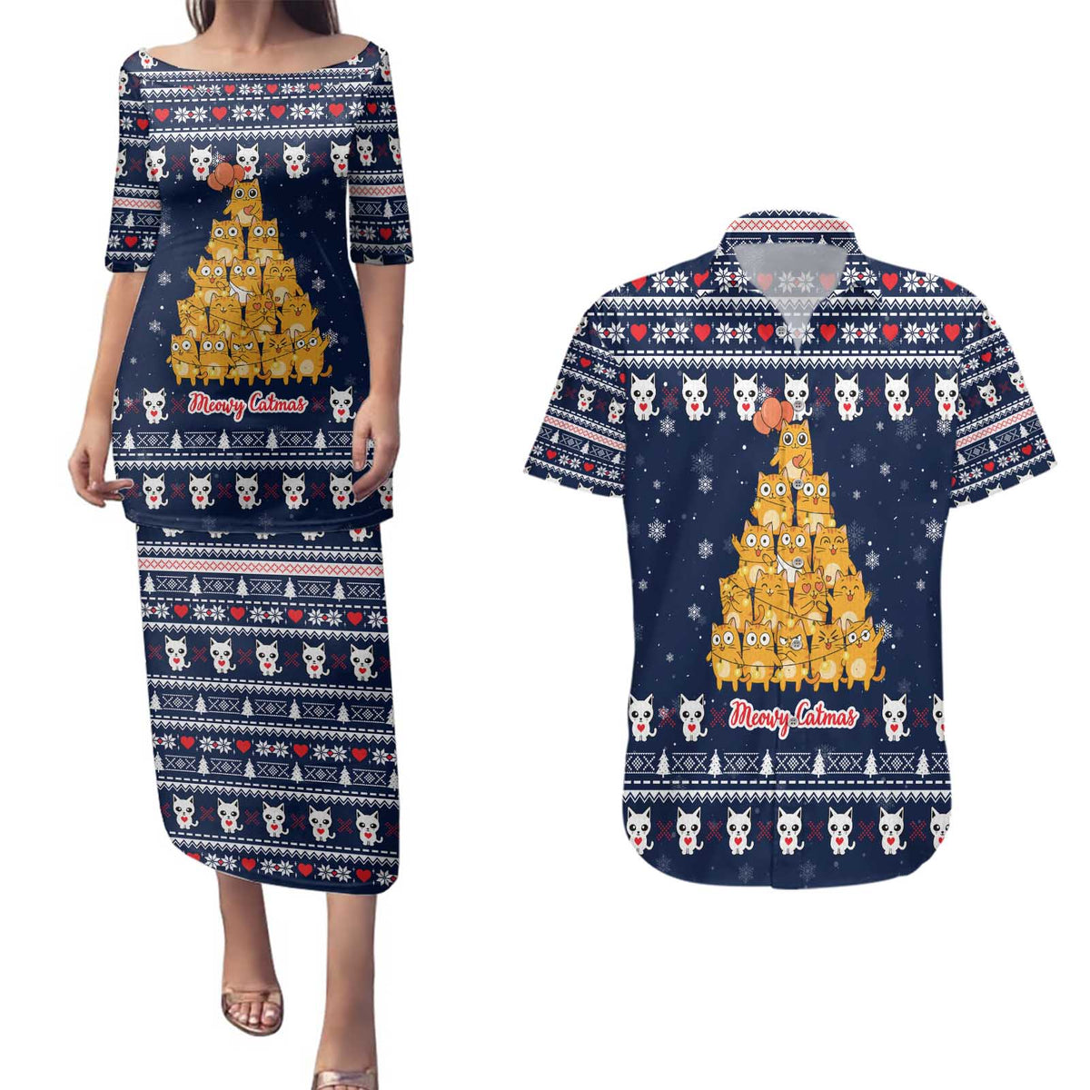 Meowy Catmas Couples Matching Puletasi and Hawaiian Shirt with Orange Cats Christmas Tree and Snowflake Pattern Design - Wonder Print Shop