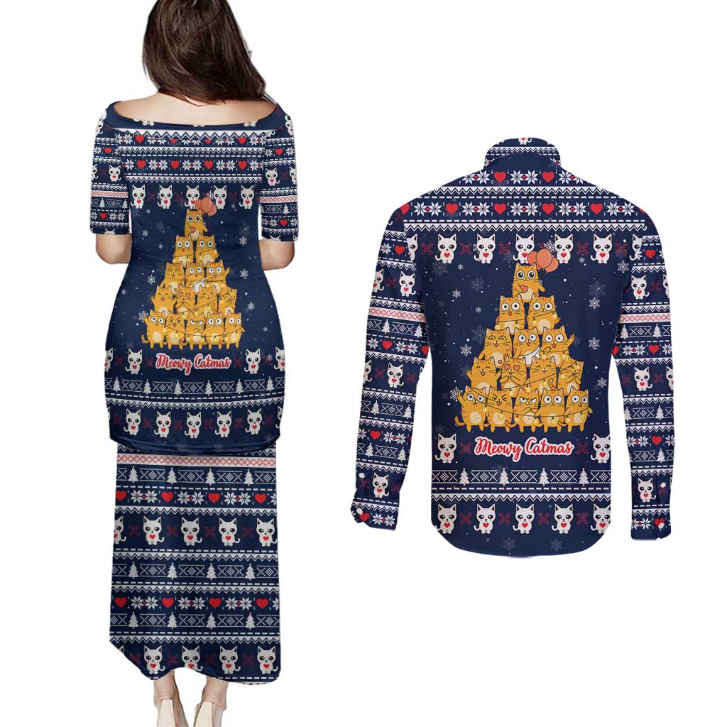 Meowy Catmas Couples Matching Puletasi and Long Sleeve Button Shirt with Orange Cats Christmas Tree and Snowflake Pattern Design - Wonder Print Shop