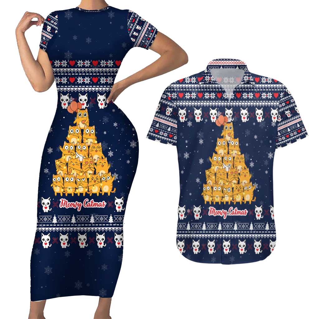Meowy Catmas Couples Matching Short Sleeve Bodycon Dress and Hawaiian Shirt with Orange Cats Christmas Tree and Snowflake Pattern Design - Wonder Print Shop