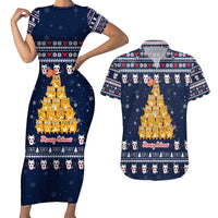 Meowy Catmas Couples Matching Short Sleeve Bodycon Dress and Hawaiian Shirt with Orange Cats Christmas Tree and Snowflake Pattern Design - Wonder Print Shop