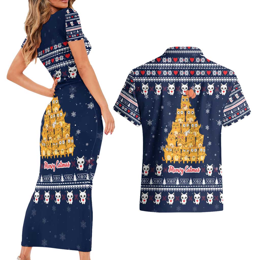 Meowy Catmas Couples Matching Short Sleeve Bodycon Dress and Hawaiian Shirt with Orange Cats Christmas Tree and Snowflake Pattern Design - Wonder Print Shop