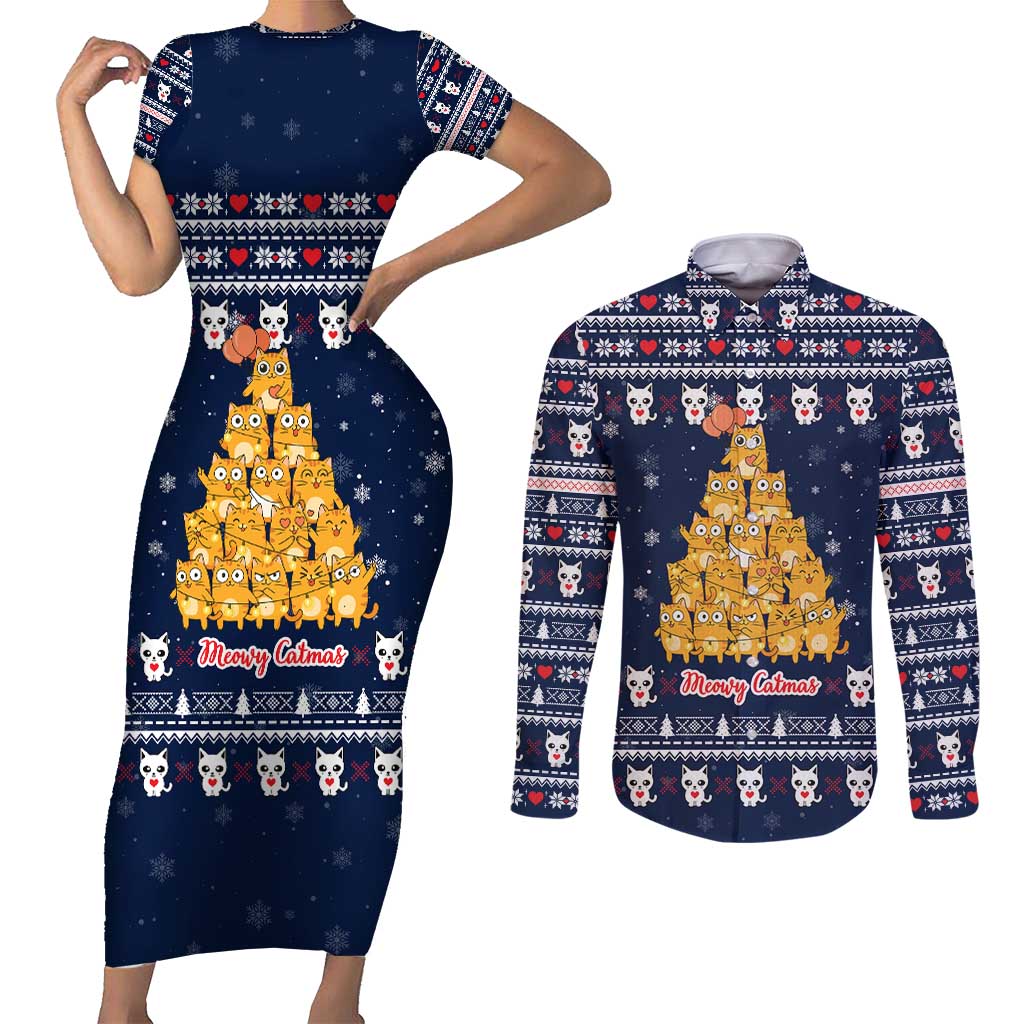 Meowy Catmas Couples Matching Short Sleeve Bodycon Dress and Long Sleeve Button Shirt with Orange Cats Christmas Tree and Snowflake Pattern Design - Wonder Print Shop