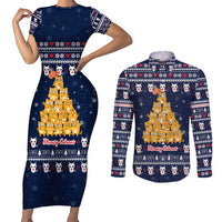 Meowy Catmas Couples Matching Short Sleeve Bodycon Dress and Long Sleeve Button Shirt with Orange Cats Christmas Tree and Snowflake Pattern Design - Wonder Print Shop