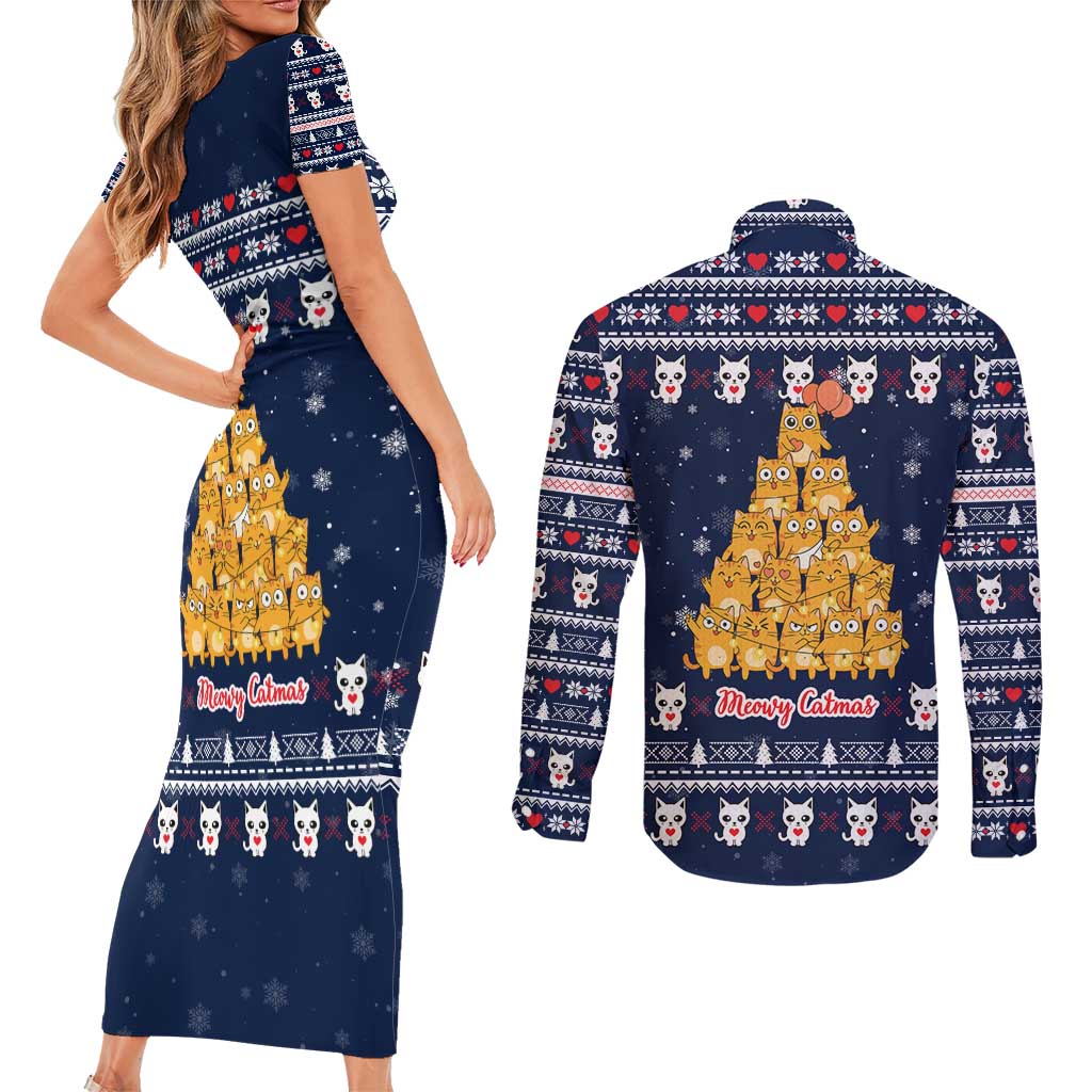 Meowy Catmas Couples Matching Short Sleeve Bodycon Dress and Long Sleeve Button Shirt with Orange Cats Christmas Tree and Snowflake Pattern Design - Wonder Print Shop
