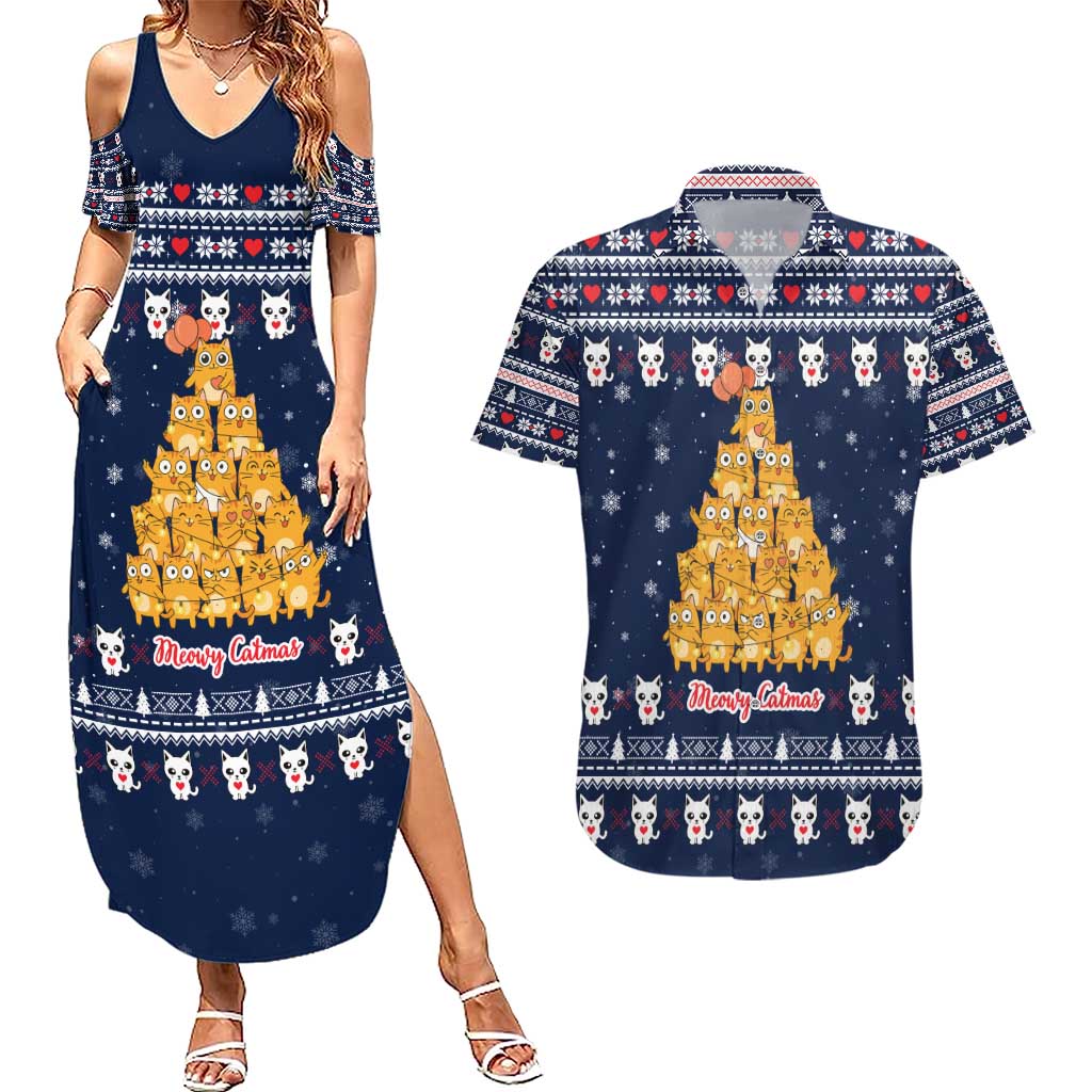 Meowy Catmas Couples Matching Summer Maxi Dress and Hawaiian Shirt with Orange Cats Christmas Tree and Snowflake Pattern Design - Wonder Print Shop