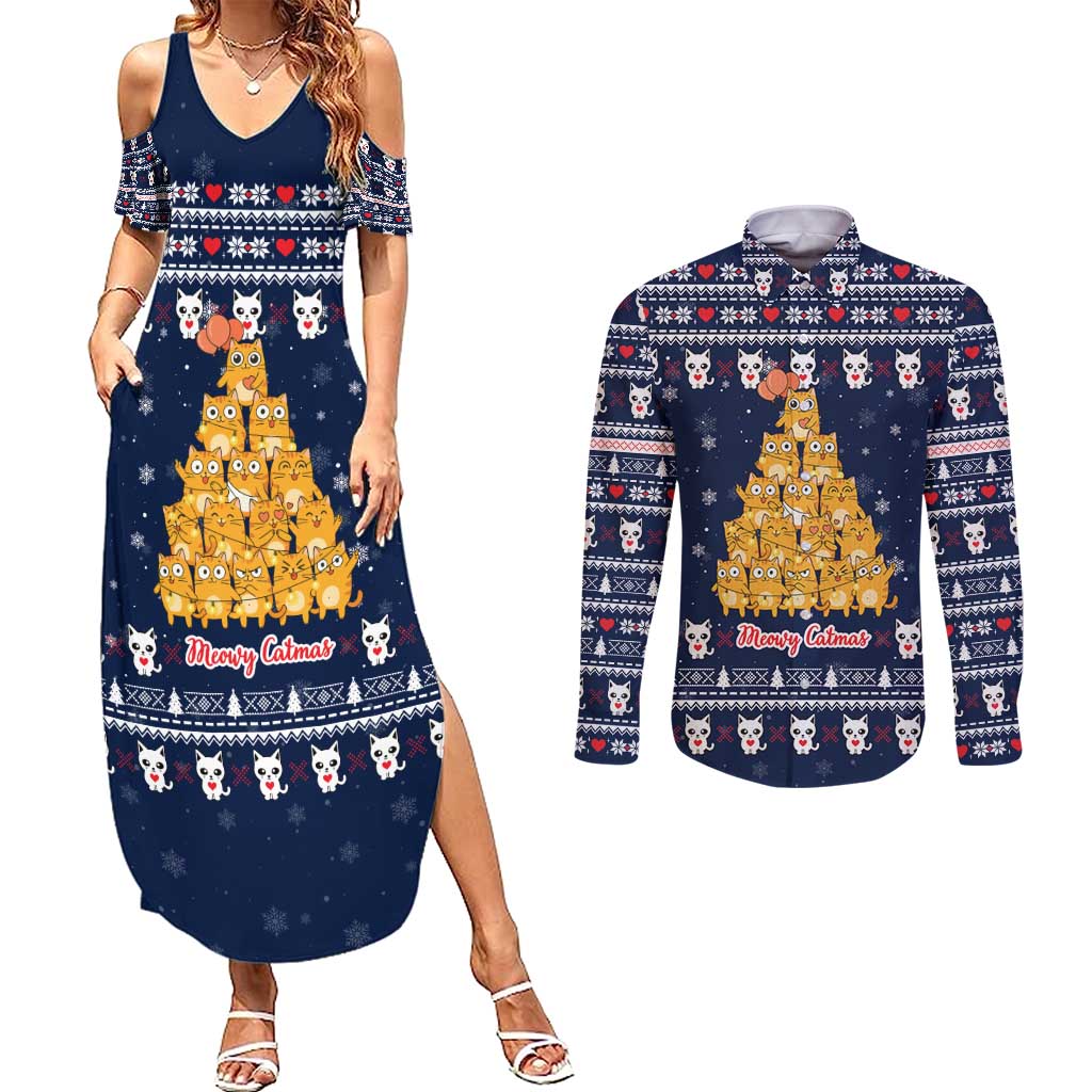 Meowy Catmas Couples Matching Summer Maxi Dress and Long Sleeve Button Shirt with Orange Cats Christmas Tree and Snowflake Pattern Design - Wonder Print Shop