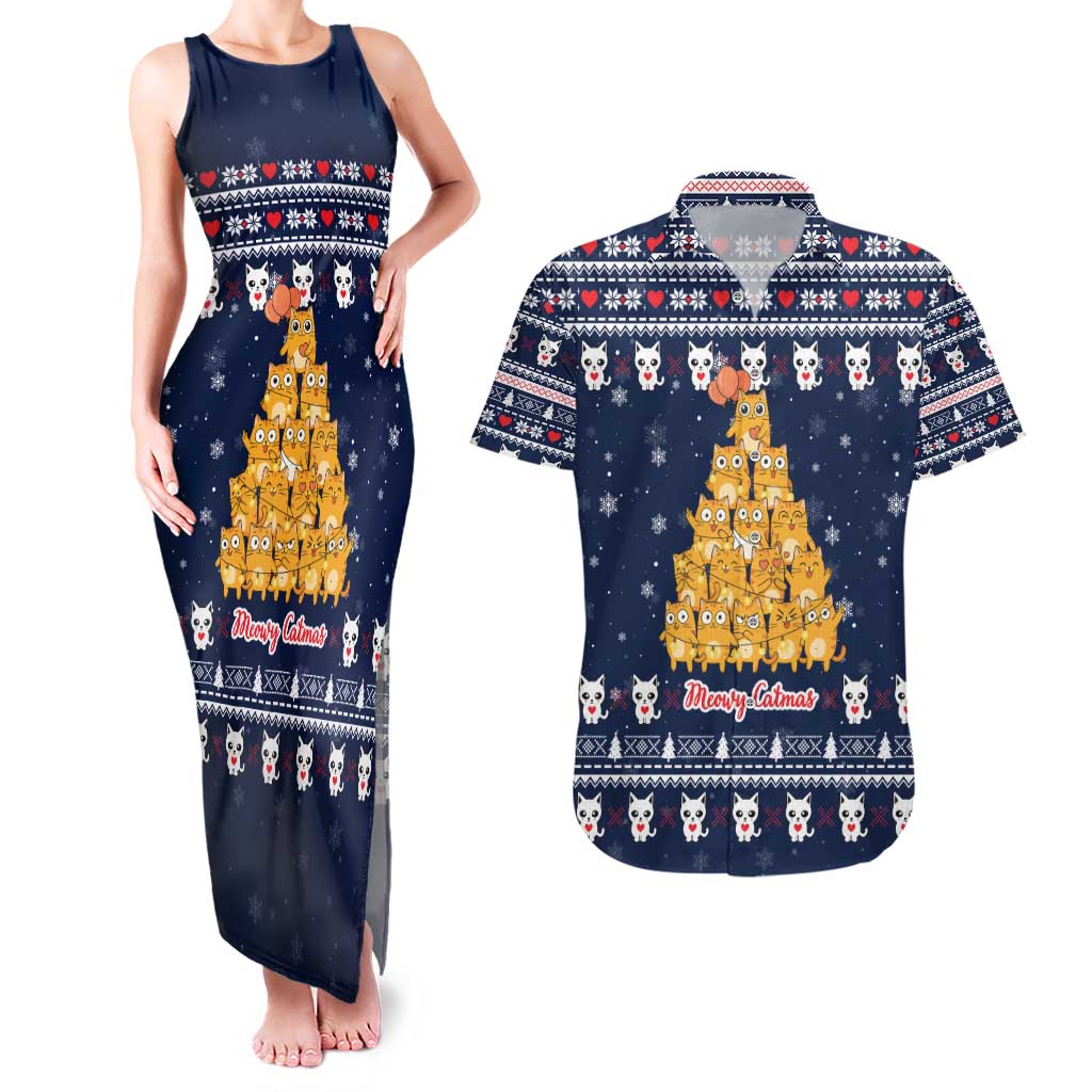 Meowy Catmas Couples Matching Tank Maxi Dress and Hawaiian Shirt with Orange Cats Christmas Tree and Snowflake Pattern Design - Wonder Print Shop
