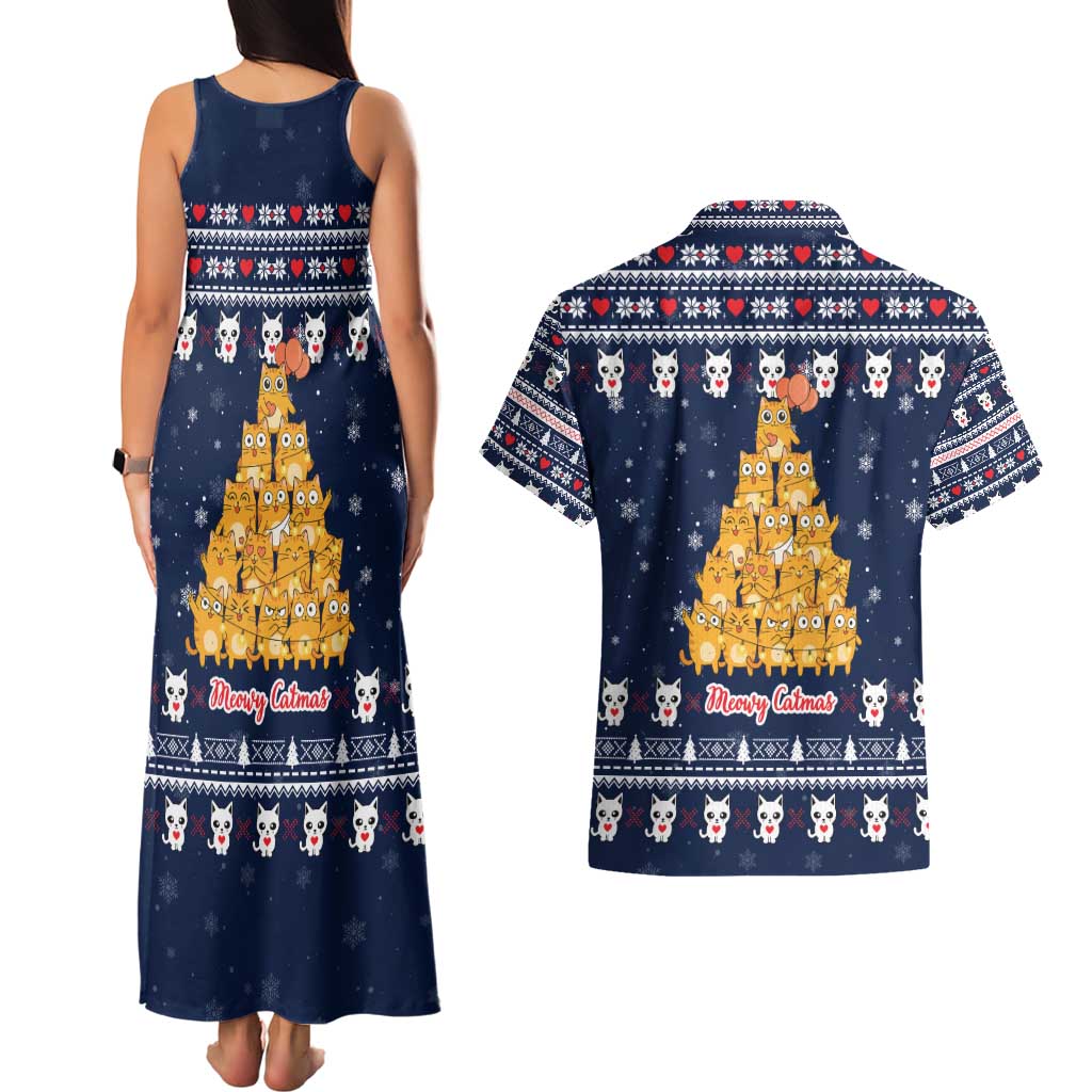 Meowy Catmas Couples Matching Tank Maxi Dress and Hawaiian Shirt with Orange Cats Christmas Tree and Snowflake Pattern Design - Wonder Print Shop