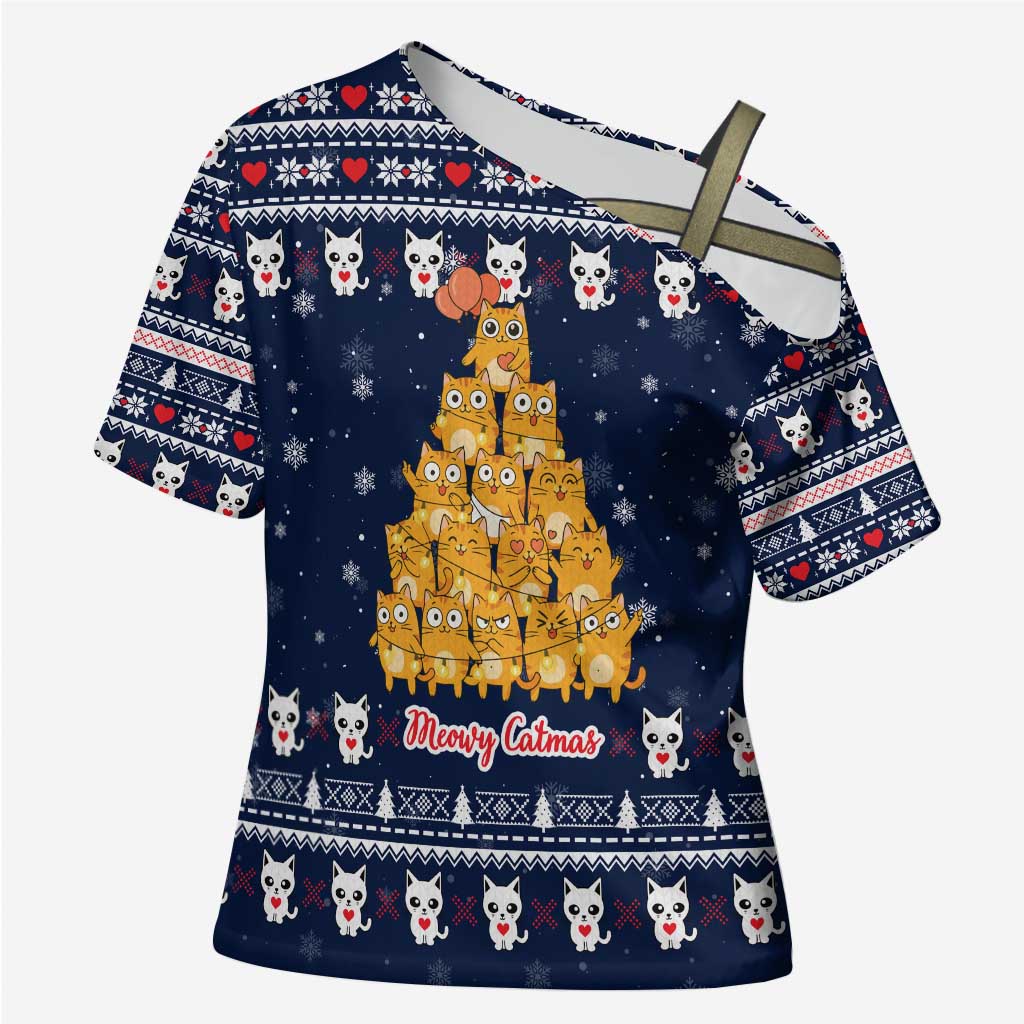 Meowy Catmas Cross Shoulder Shirt with Orange Cats Christmas Tree and Snowflake Pattern Design - Wonder Print Shop