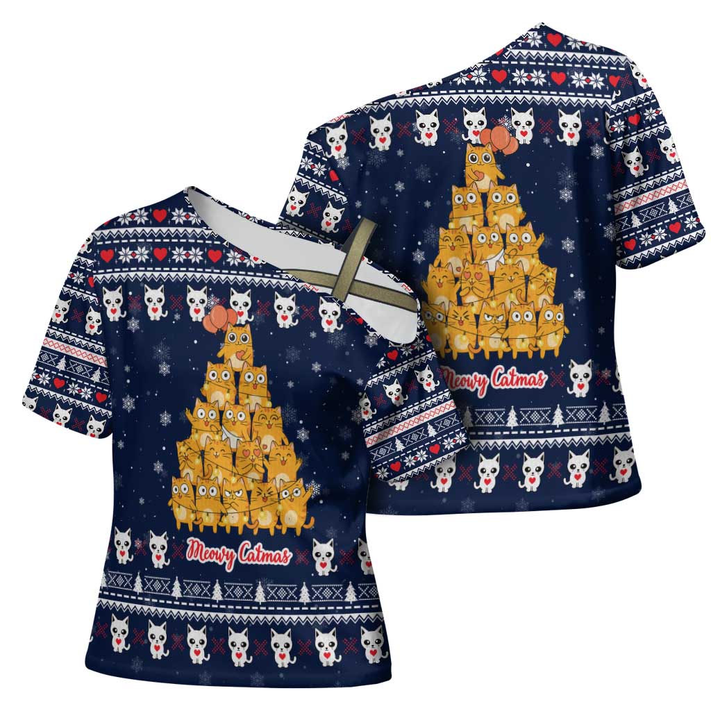 Meowy Catmas Cross Shoulder Shirt with Orange Cats Christmas Tree and Snowflake Pattern Design - Wonder Print Shop