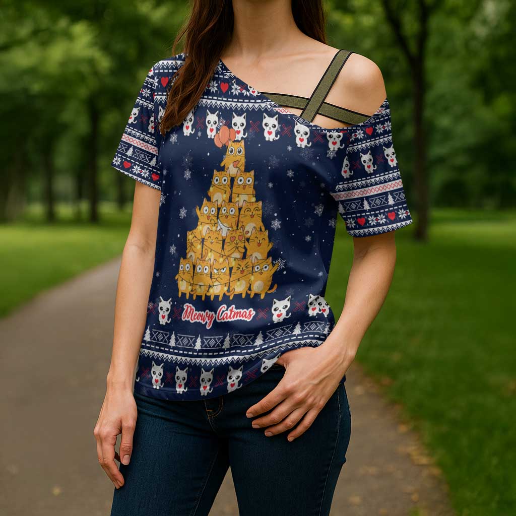 Meowy Catmas Cross Shoulder Shirt with Orange Cats Christmas Tree and Snowflake Pattern Design - Wonder Print Shop