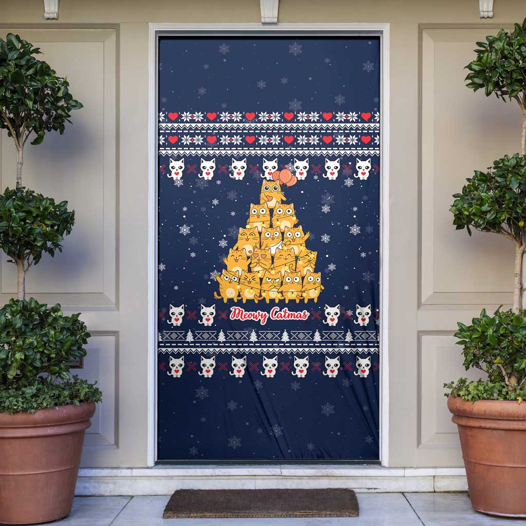 Meowy Catmas Door Cover with Orange Cats Christmas Tree and Snowflake Pattern Design - Wonder Print Shop