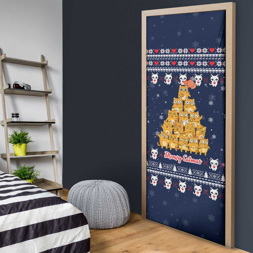Meowy Catmas Door Cover with Orange Cats Christmas Tree and Snowflake Pattern Design - Wonder Print Shop