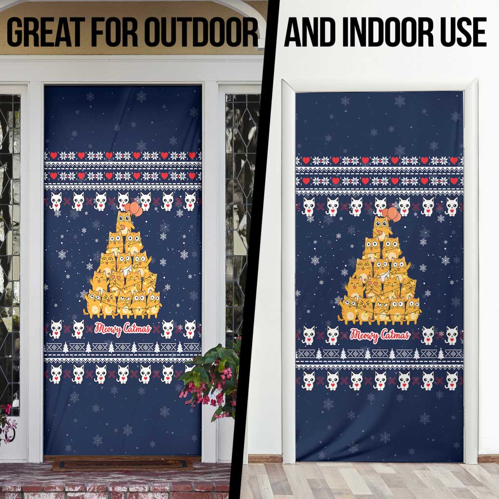 Meowy Catmas Door Cover with Orange Cats Christmas Tree and Snowflake Pattern Design - Wonder Print Shop