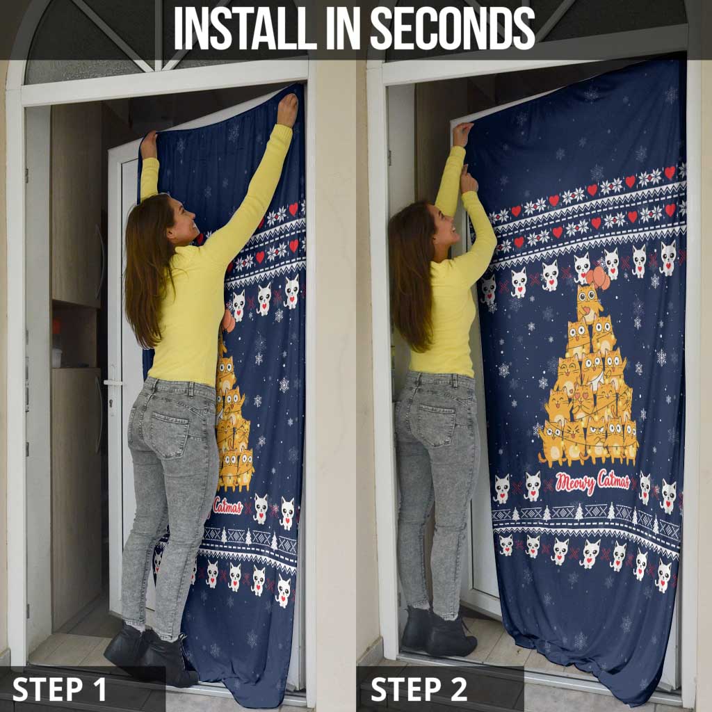 Meowy Catmas Door Cover with Orange Cats Christmas Tree and Snowflake Pattern Design - Wonder Print Shop