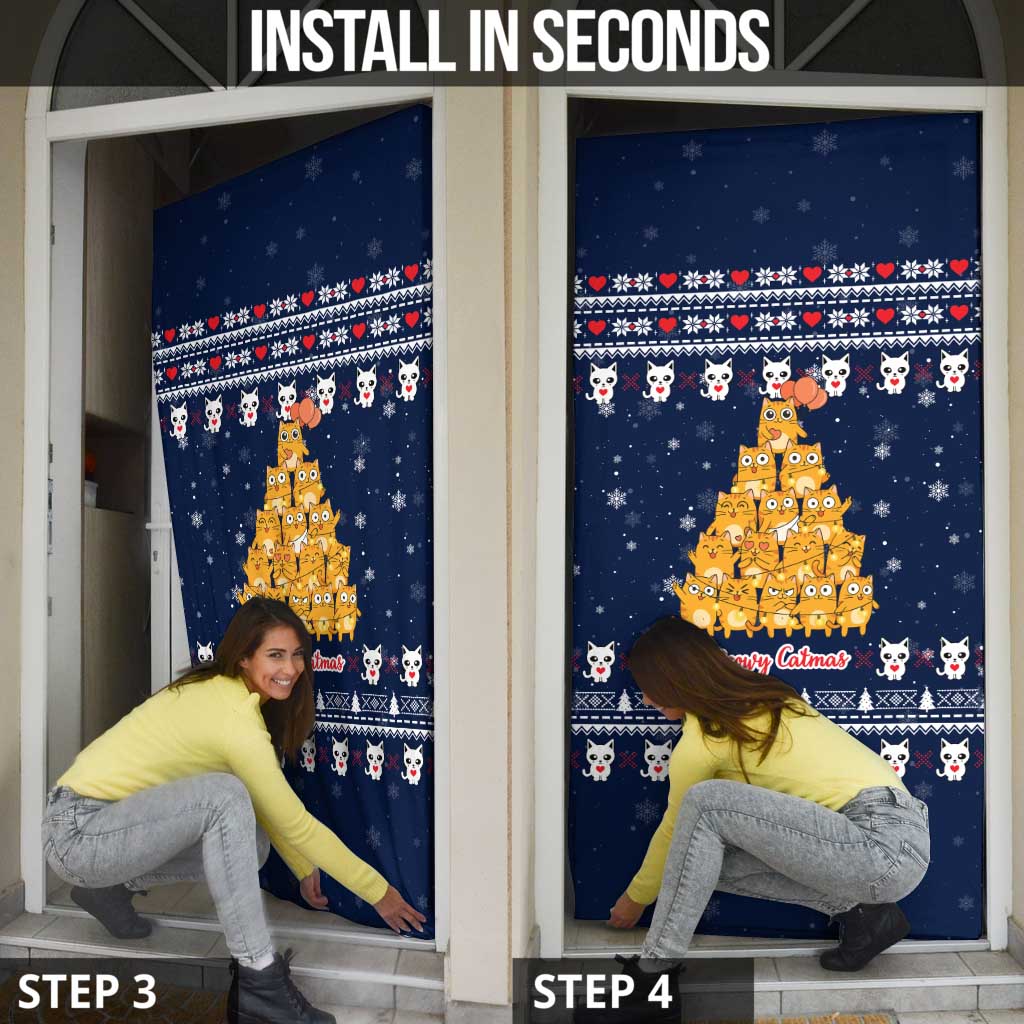 Meowy Catmas Door Cover with Orange Cats Christmas Tree and Snowflake Pattern Design - Wonder Print Shop