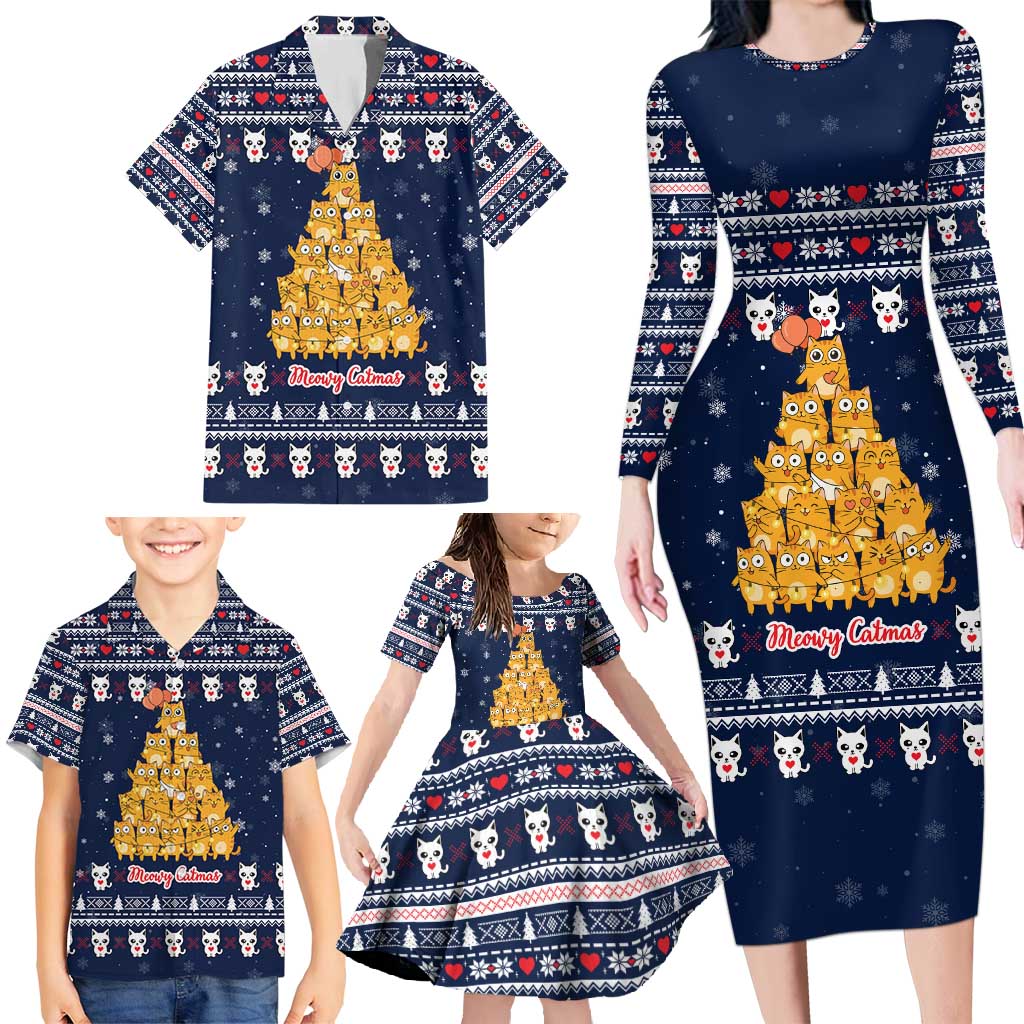 Meowy Catmas Family Matching Long Sleeve Bodycon Dress and Hawaiian Shirt with Orange Cats Christmas Tree and Snowflake Pattern Design - Wonder Print Shop