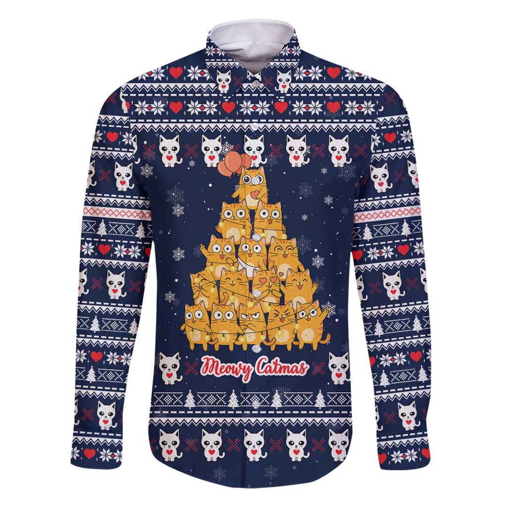 Meowy Catmas Family Matching Long Sleeve Bodycon Dress and Hawaiian Shirt with Orange Cats Christmas Tree and Snowflake Pattern Design - Wonder Print Shop