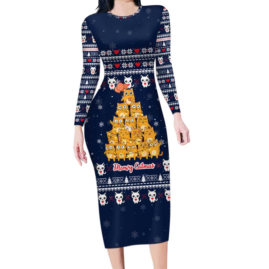 Meowy Catmas Family Matching Long Sleeve Bodycon Dress and Hawaiian Shirt with Orange Cats Christmas Tree and Snowflake Pattern Design - Wonder Print Shop