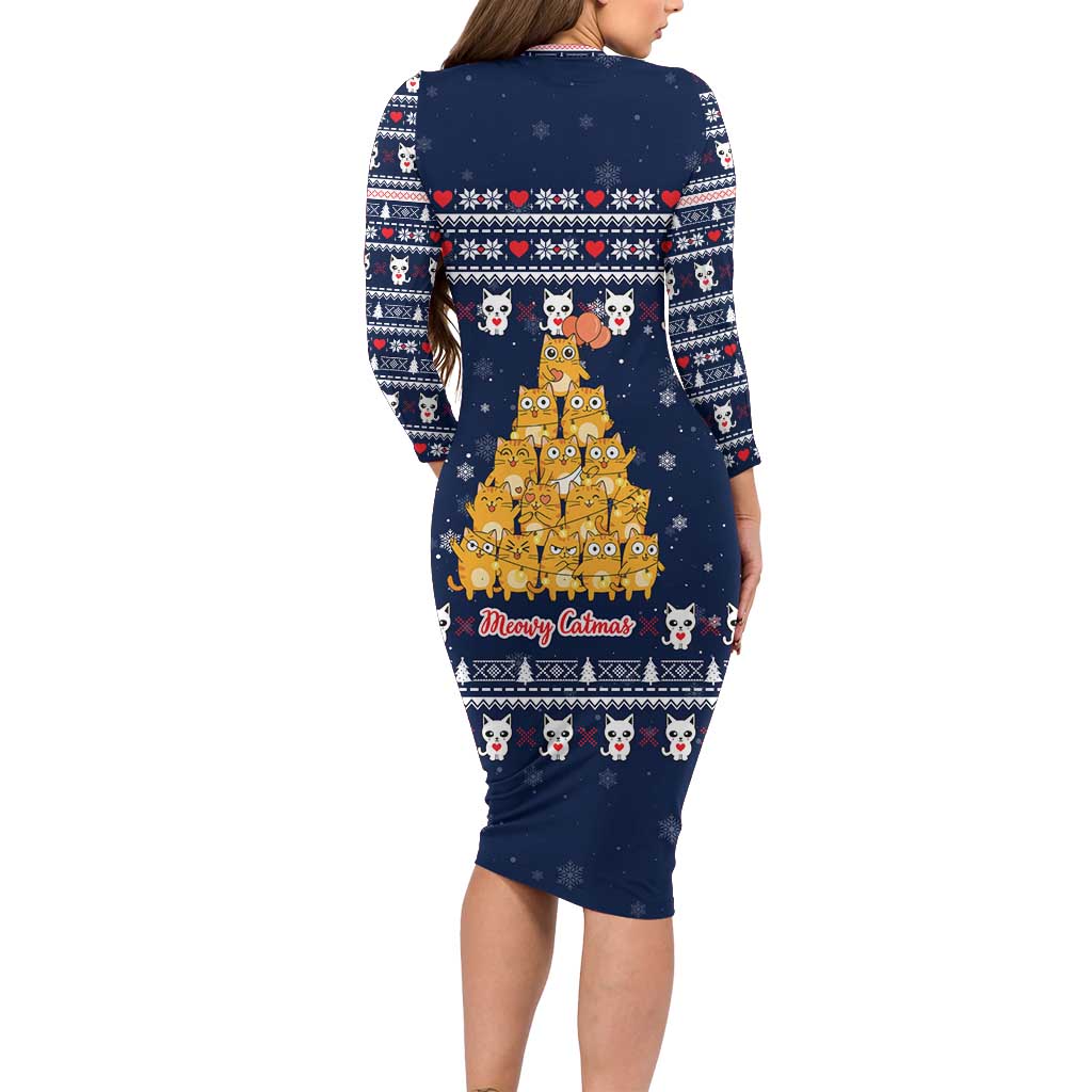 Meowy Catmas Family Matching Long Sleeve Bodycon Dress and Hawaiian Shirt with Orange Cats Christmas Tree and Snowflake Pattern Design - Wonder Print Shop