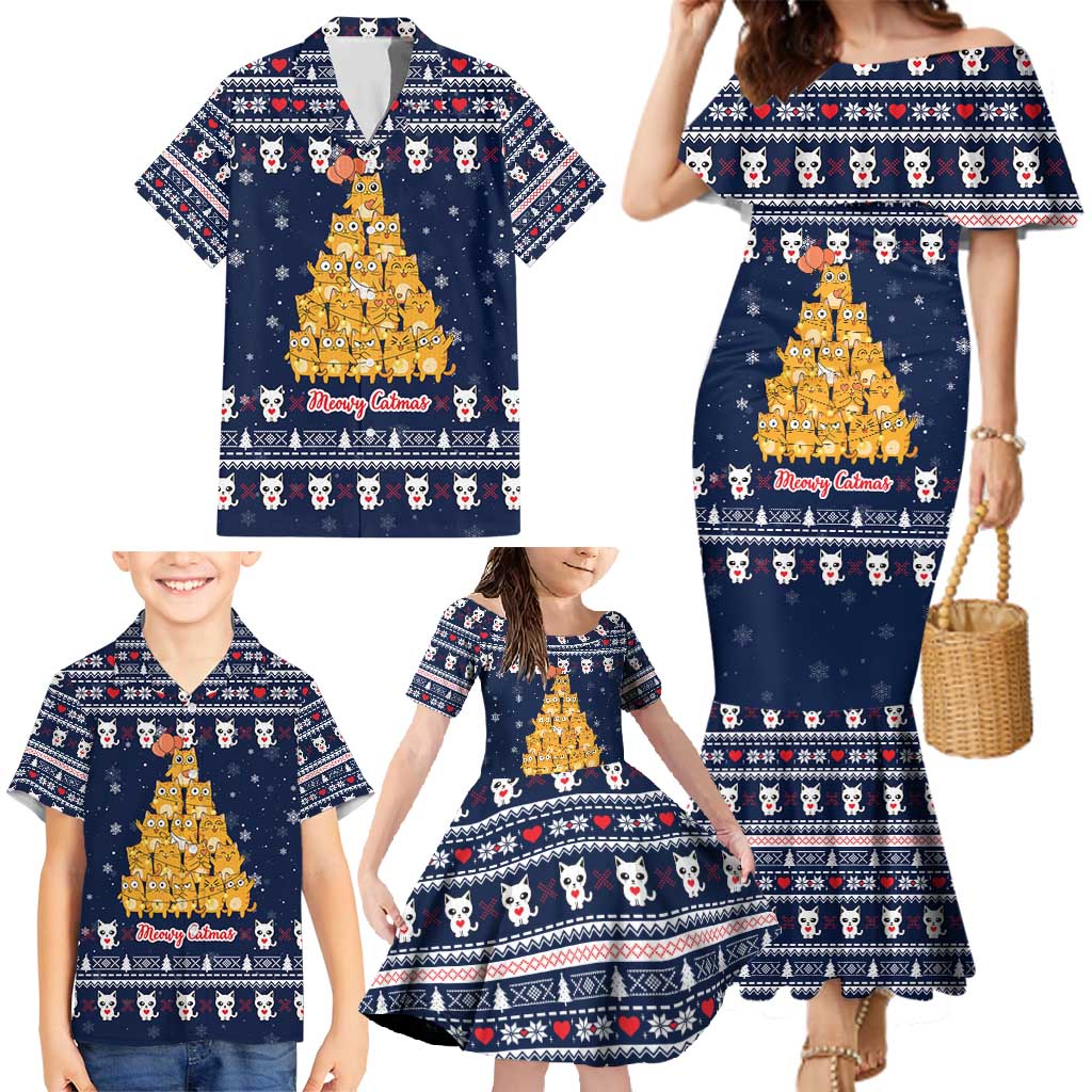 Meowy Catmas Family Matching Mermaid Dress and Hawaiian Shirt with Orange Cats Christmas Tree and Snowflake Pattern Design - Wonder Print Shop