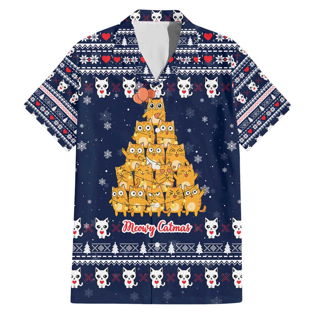 Meowy Catmas Family Matching Mermaid Dress and Hawaiian Shirt with Orange Cats Christmas Tree and Snowflake Pattern Design - Wonder Print Shop