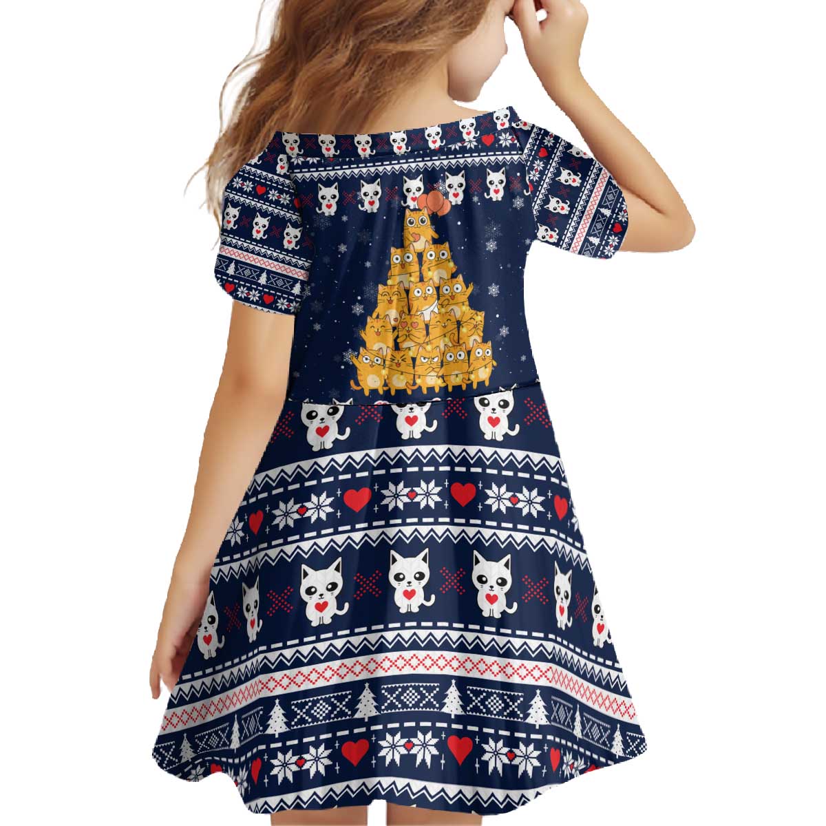 Meowy Catmas Family Matching Off The Shoulder Long Sleeve Dress and Hawaiian Shirt with Orange Cats Christmas Tree and Snowflake Pattern Design - Wonder Print Shop