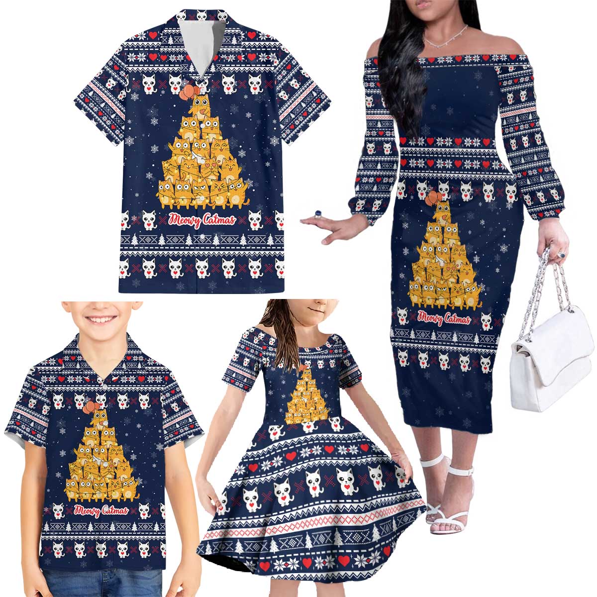 Meowy Catmas Family Matching Off The Shoulder Long Sleeve Dress and Hawaiian Shirt with Orange Cats Christmas Tree and Snowflake Pattern Design - Wonder Print Shop