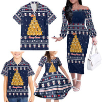 Meowy Catmas Family Matching Off The Shoulder Long Sleeve Dress and Hawaiian Shirt with Orange Cats Christmas Tree and Snowflake Pattern Design - Wonder Print Shop