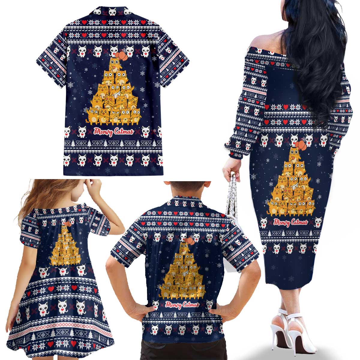 Meowy Catmas Family Matching Off The Shoulder Long Sleeve Dress and Hawaiian Shirt with Orange Cats Christmas Tree and Snowflake Pattern Design - Wonder Print Shop