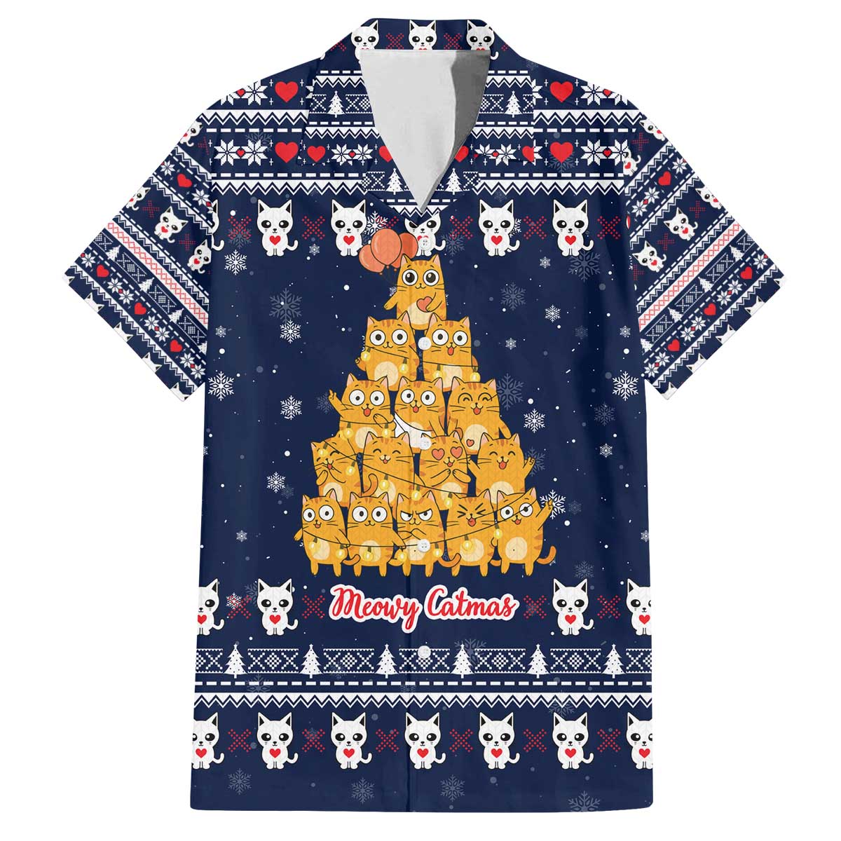 Meowy Catmas Family Matching Off The Shoulder Long Sleeve Dress and Hawaiian Shirt with Orange Cats Christmas Tree and Snowflake Pattern Design - Wonder Print Shop