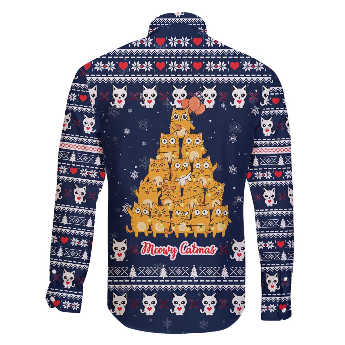 Meowy Catmas Family Matching Off The Shoulder Long Sleeve Dress and Hawaiian Shirt with Orange Cats Christmas Tree and Snowflake Pattern Design - Wonder Print Shop