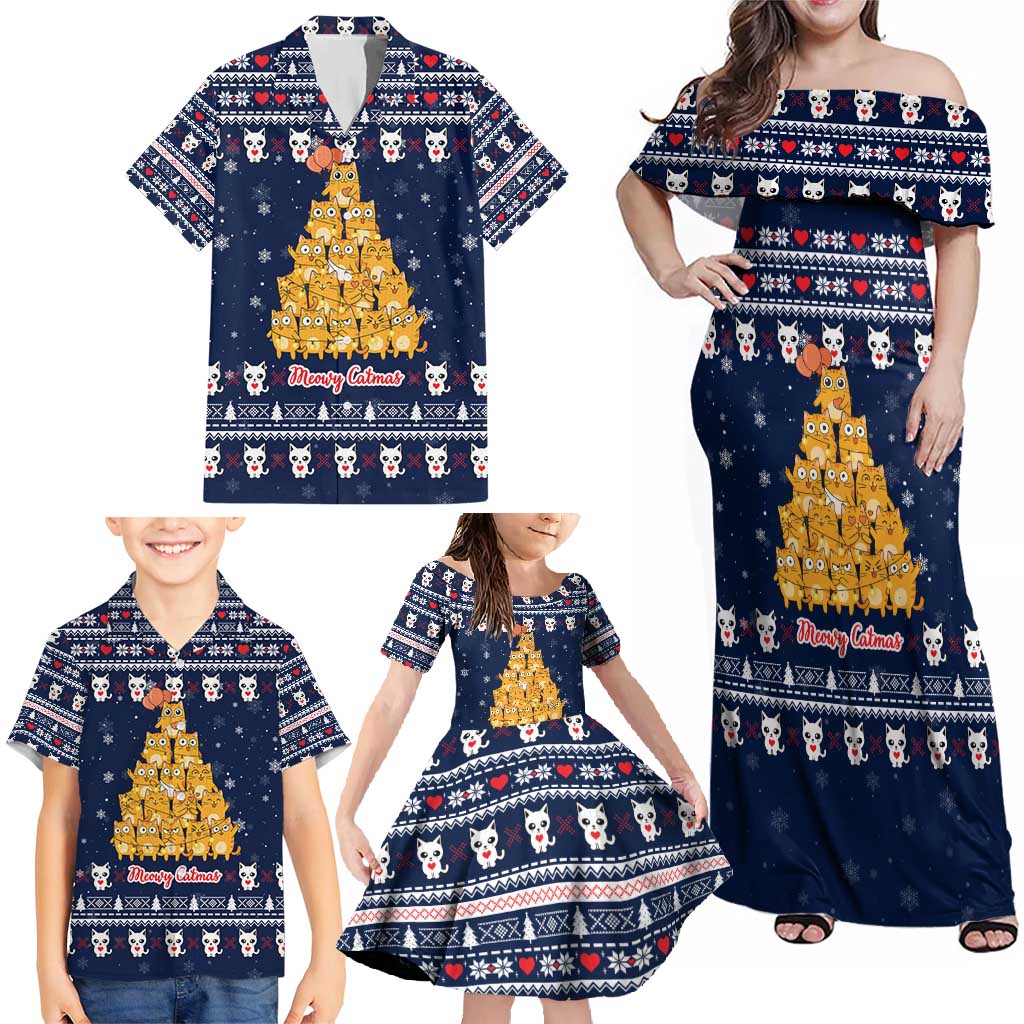 Meowy Catmas Family Matching Off Shoulder Maxi Dress and Hawaiian Shirt with Orange Cats Christmas Tree and Snowflake Pattern Design - Wonder Print Shop