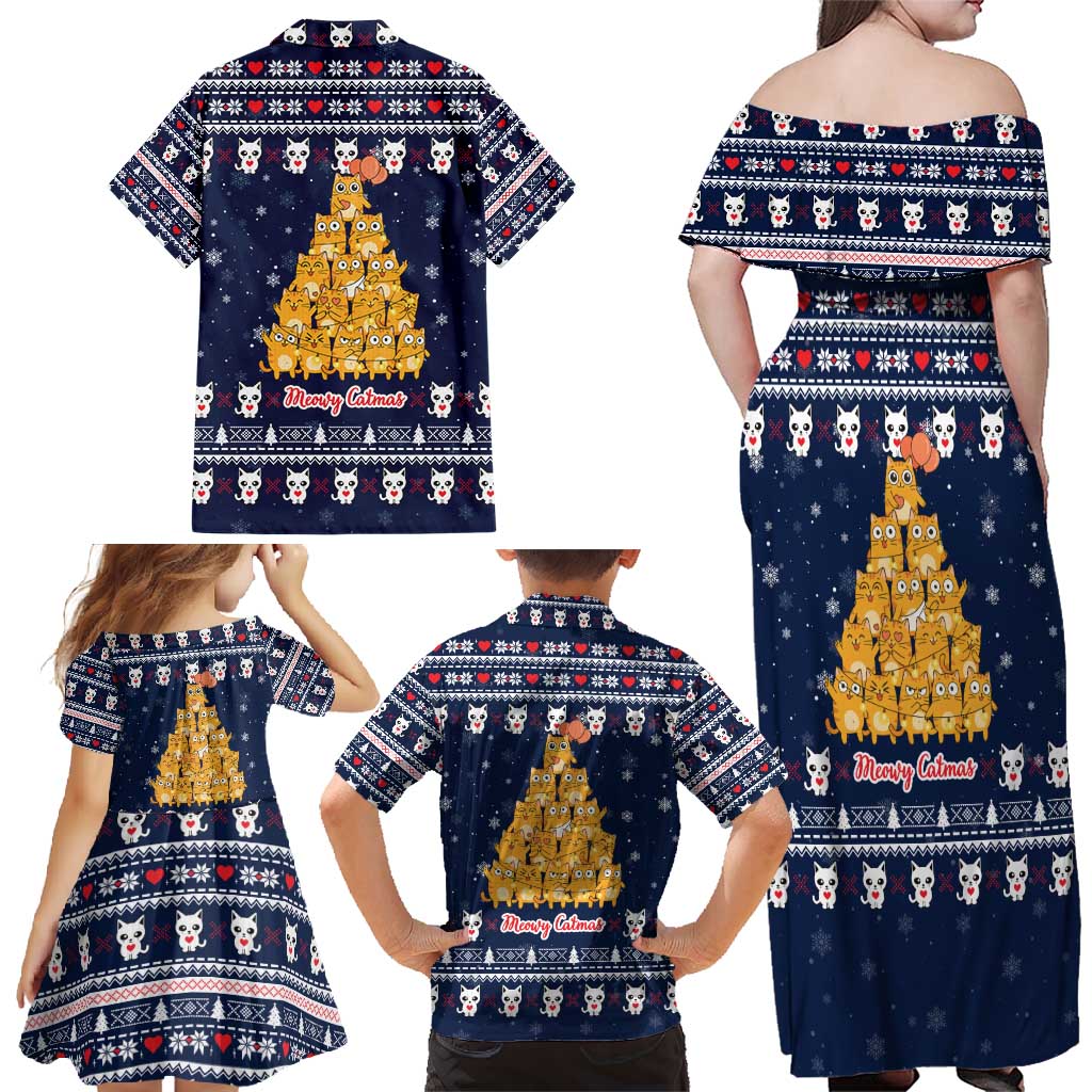 Meowy Catmas Family Matching Off Shoulder Maxi Dress and Hawaiian Shirt with Orange Cats Christmas Tree and Snowflake Pattern Design - Wonder Print Shop