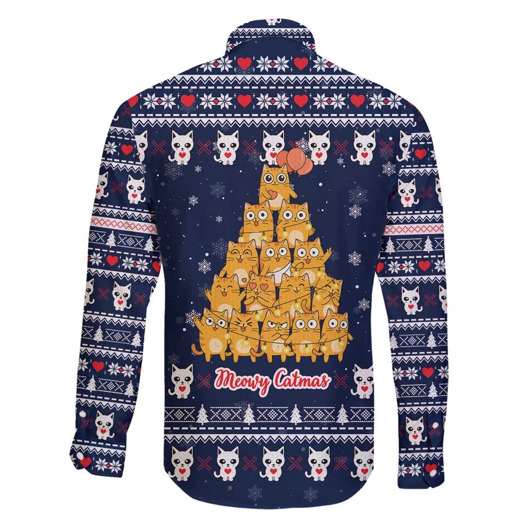 Meowy Catmas Family Matching Off Shoulder Maxi Dress and Hawaiian Shirt with Orange Cats Christmas Tree and Snowflake Pattern Design - Wonder Print Shop