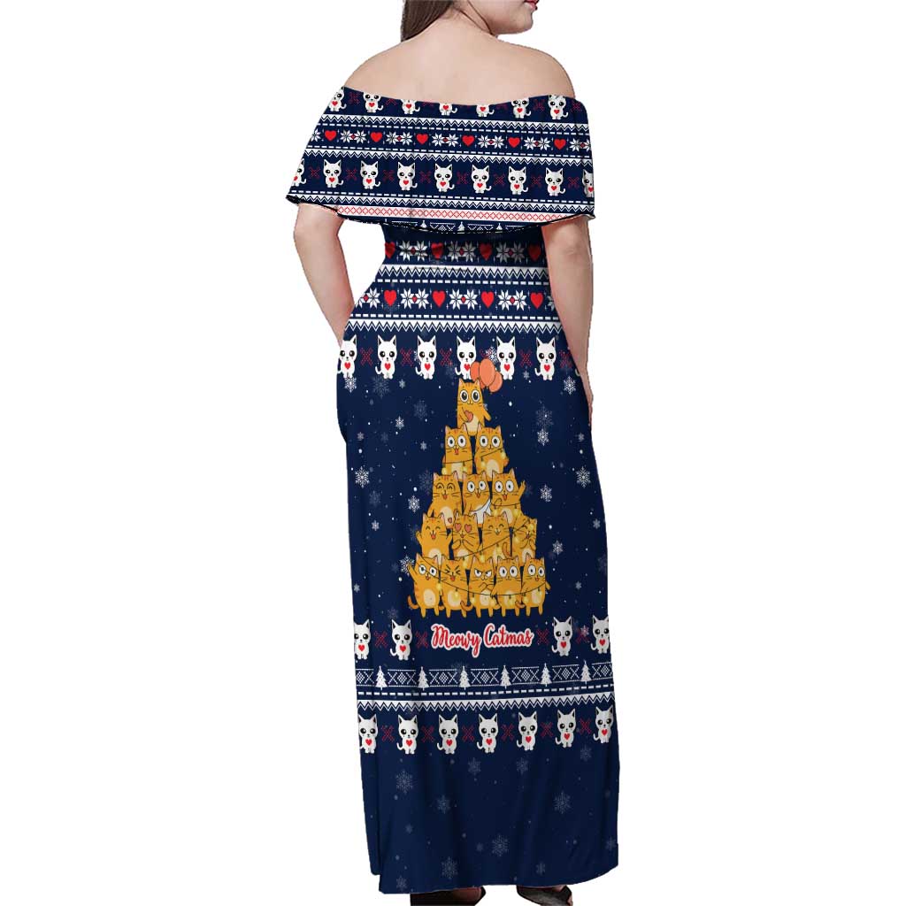 Meowy Catmas Family Matching Off Shoulder Maxi Dress and Hawaiian Shirt with Orange Cats Christmas Tree and Snowflake Pattern Design - Wonder Print Shop