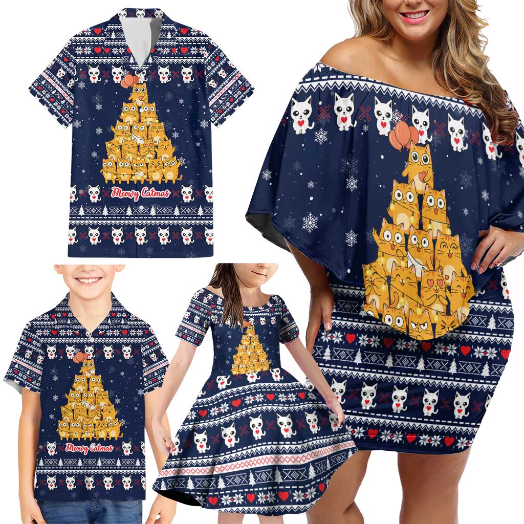 Meowy Catmas Family Matching Off Shoulder Short Dress and Hawaiian Shirt with Orange Cats Christmas Tree and Snowflake Pattern Design - Wonder Print Shop