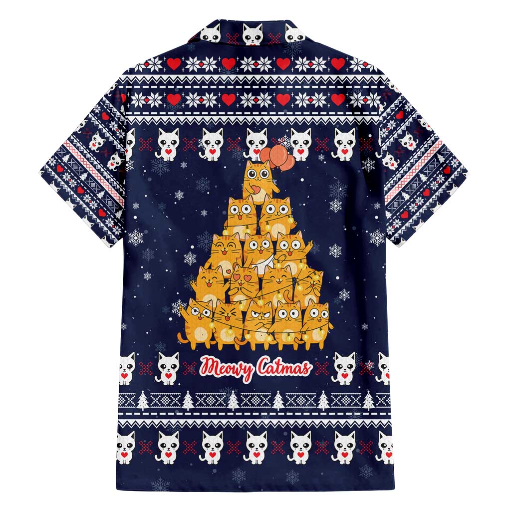 Meowy Catmas Family Matching Off Shoulder Short Dress and Hawaiian Shirt with Orange Cats Christmas Tree and Snowflake Pattern Design - Wonder Print Shop