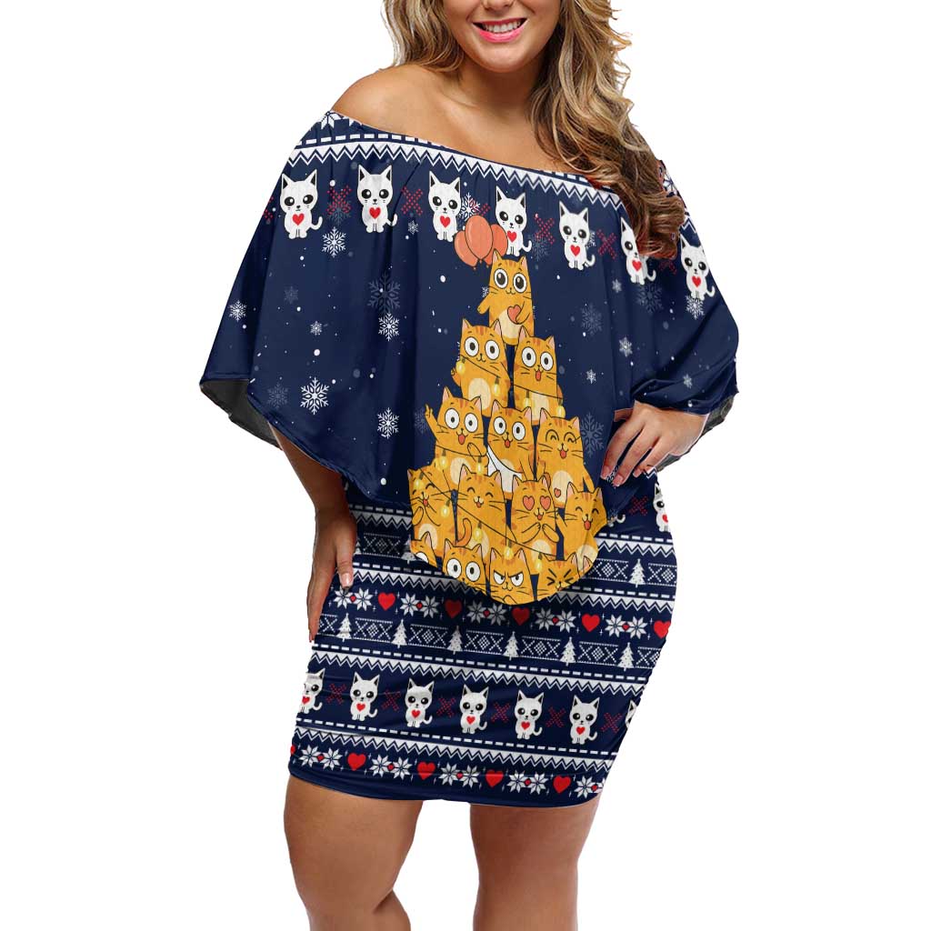 Meowy Catmas Family Matching Off Shoulder Short Dress and Hawaiian Shirt with Orange Cats Christmas Tree and Snowflake Pattern Design - Wonder Print Shop