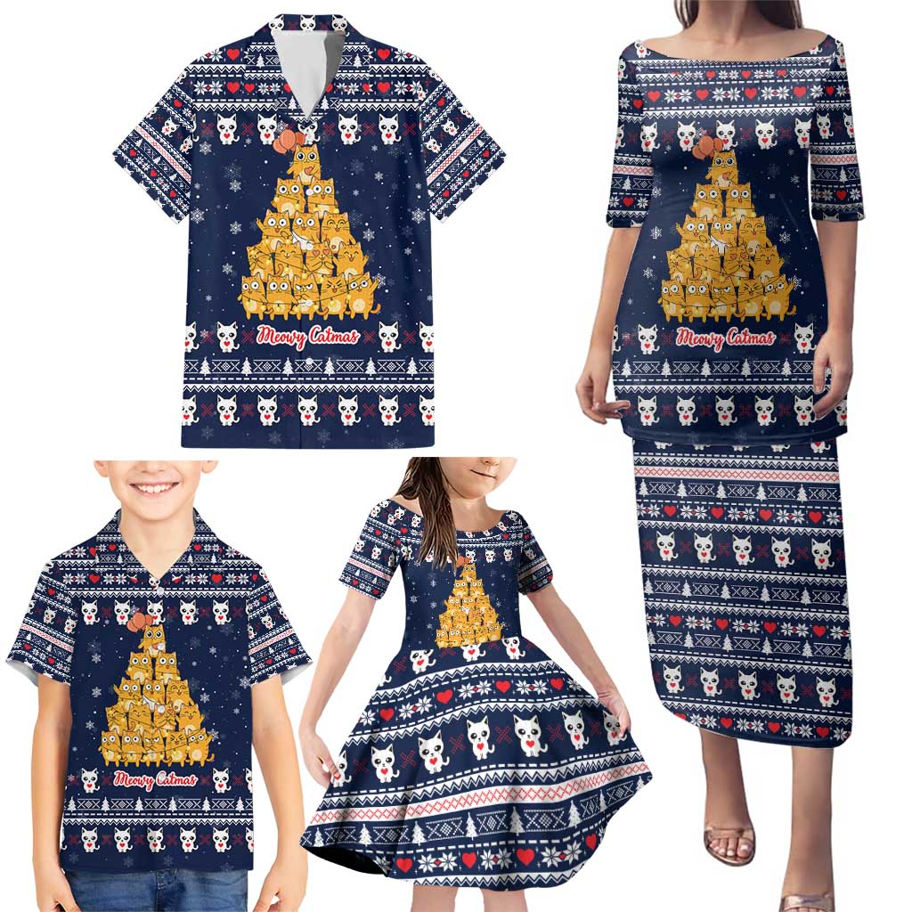 Meowy Catmas Family Matching Puletasi and Hawaiian Shirt with Orange Cats Christmas Tree and Snowflake Pattern Design - Wonder Print Shop